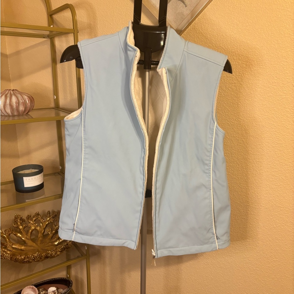 IZOD Reversible Vest Womens L Light Blue Cream Quilted Fleece Full Zip‎ Pockets
